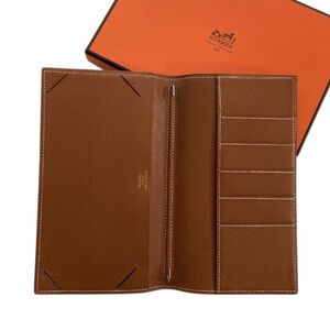 Authentic Hermès Bifold Long Wallet + Agenda Holder w/ COA in Gold (Camel Brown)